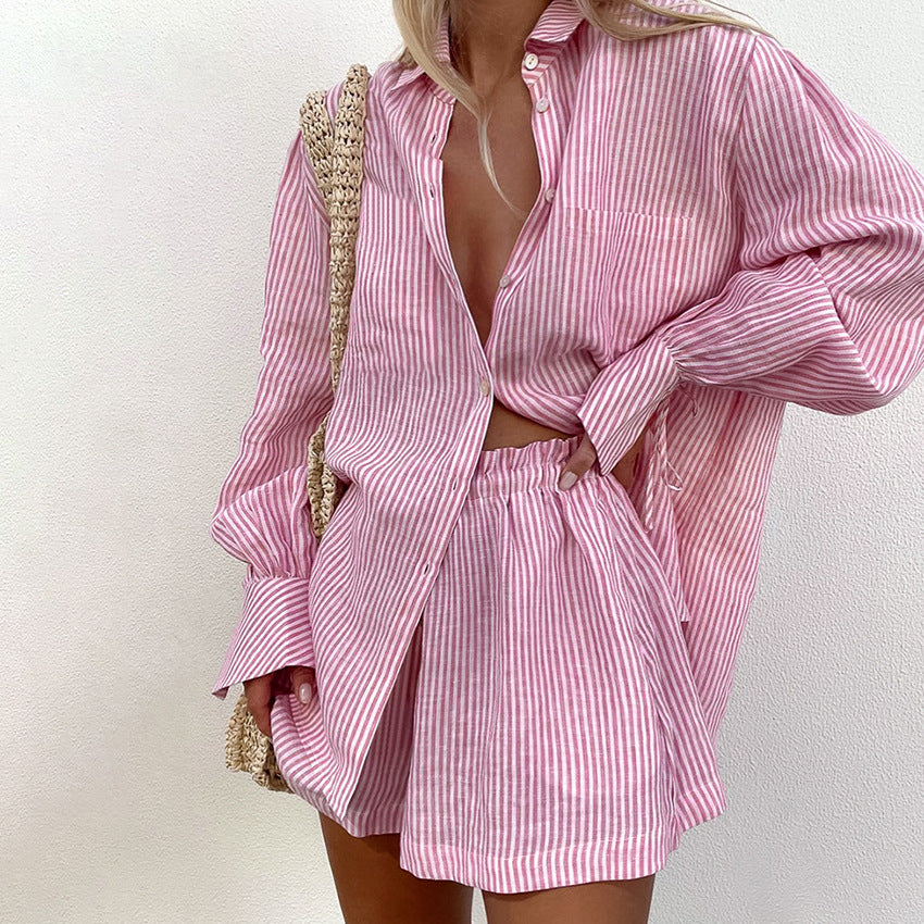 Women's Pure Cotton Striped Shirt & Shorts Set