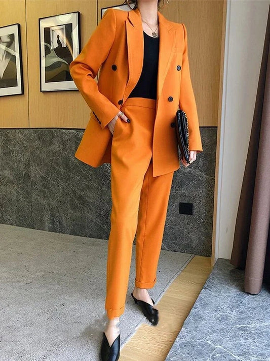 Elevate Your Office Style with Our Autumn Women's Suit Set - Double Button Blazer Coat and High Waisted Pants in Korean Fashion