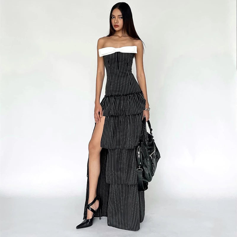 2024 Women's Summer Ruffled Tube Top & Skirt Set - Striped & Sexy for Parties & Clubs