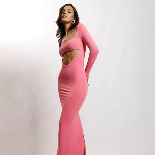 Slim Fit Cutout Long Sleeve Dress - Pink/Black