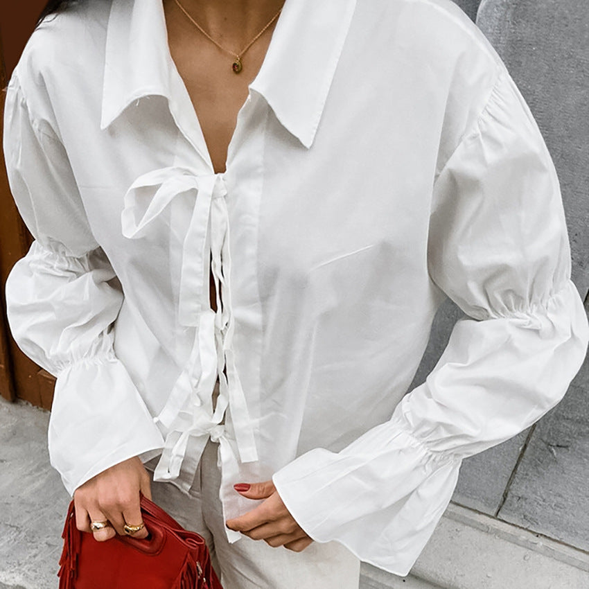 White Lace-Up Cotton Shirt for Women