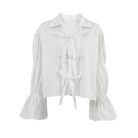 White Lace-Up Cotton Shirt for Women