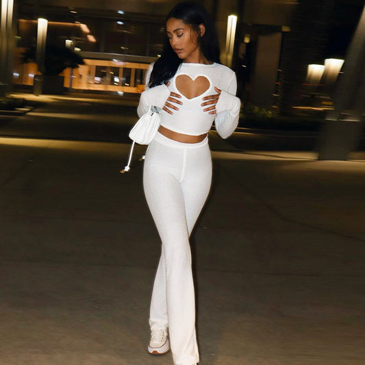 White Hollow Long Sleeve T-shirt & High Waist Pants Set