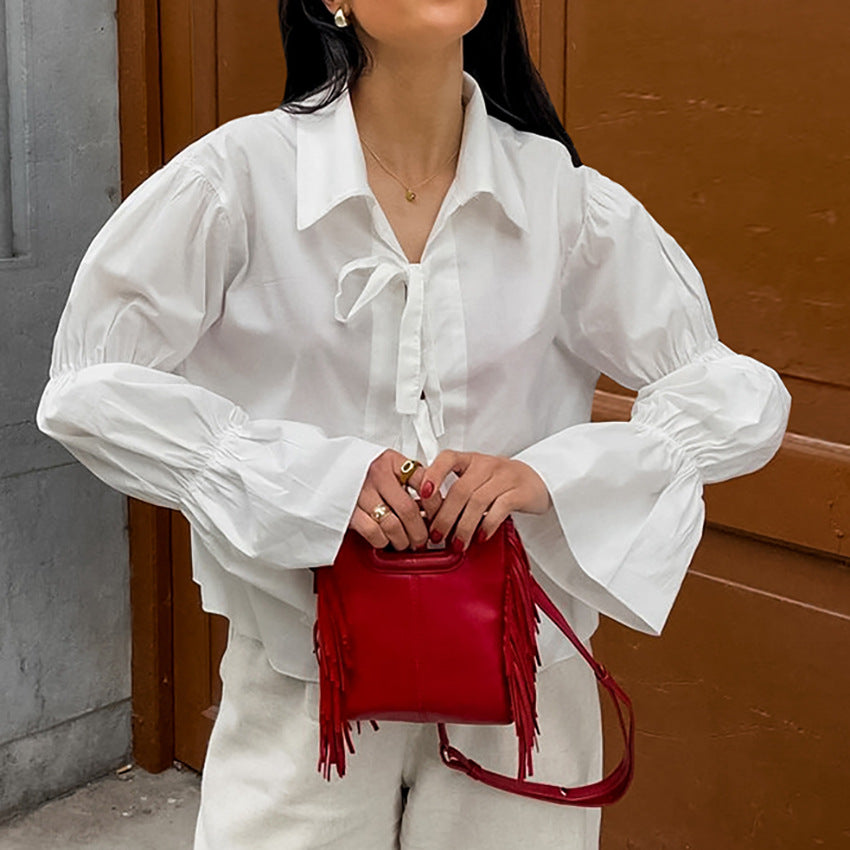 White Lace-Up Cotton Shirt for Women