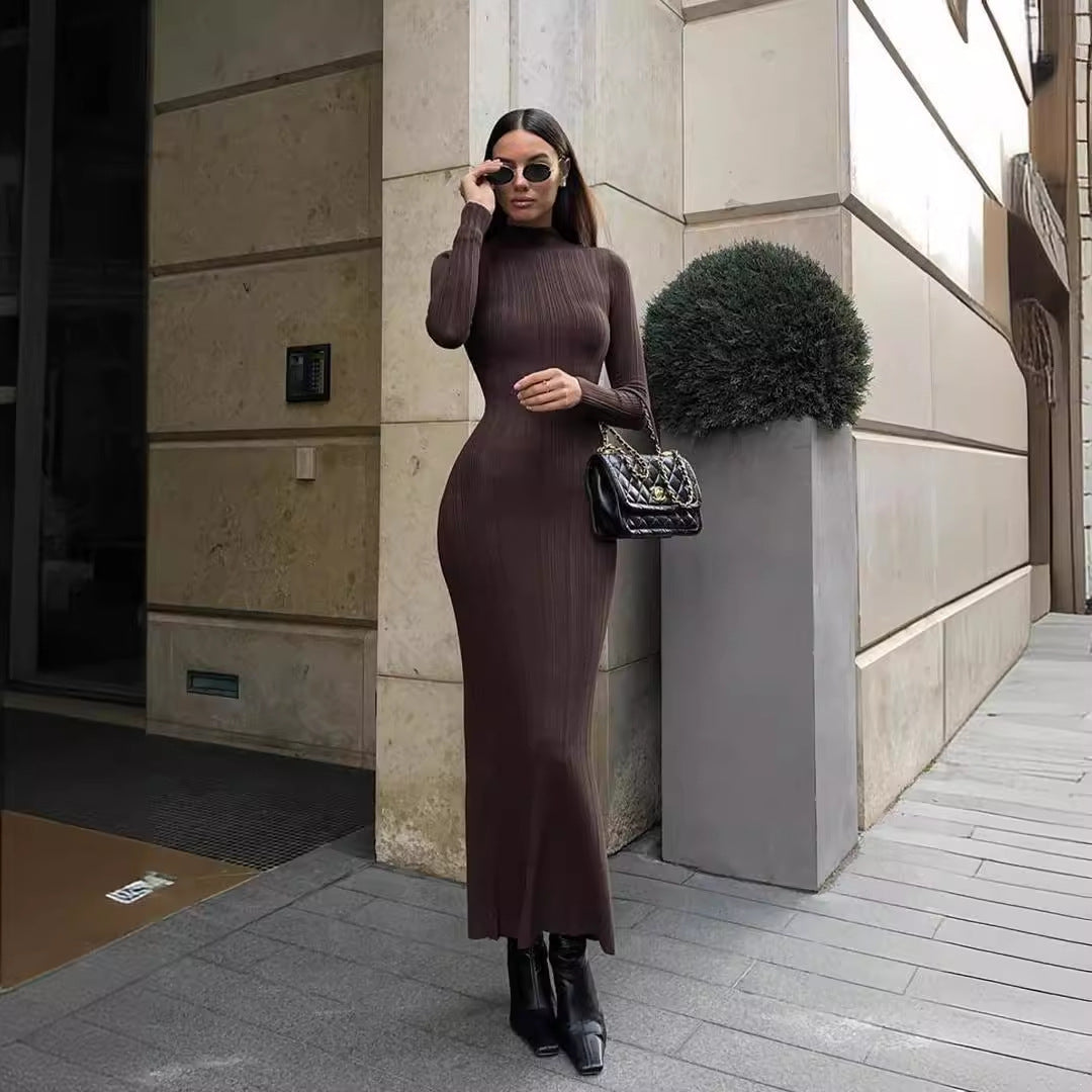 Elegant Knitted Turtleneck Striped Sweater Dress