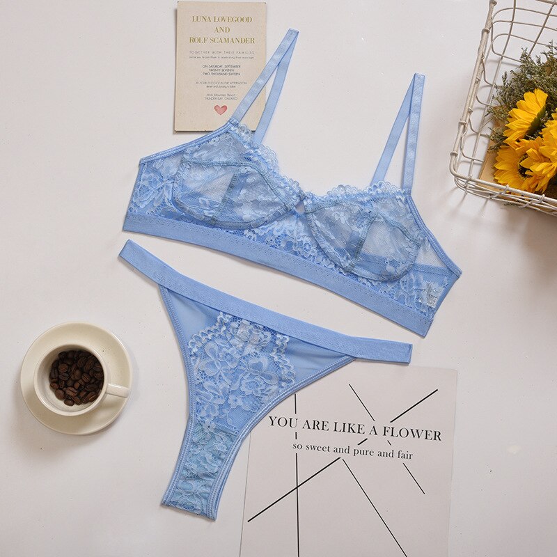 Women Lingerie Sets Sexy Solid Transparent Floral UnderWire Lace Bra Fashion See Through Patchwork Briefs