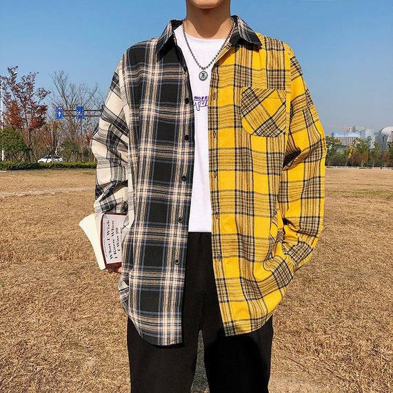 Men Oversized Cotton Plaid Shirt 2023 Man Hip Hop Patchwork Button Up Long Sleeve Shirt Couple Korean Harajuku Clothing