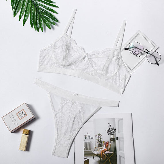 Women Lingerie Sets Sexy Solid Transparent Floral UnderWire Lace Bra Fashion See Through Patchwork Briefs