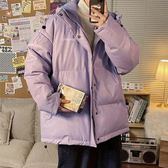 Men Solid Vintage Hooded Parkas Mens Leather Harajuku Streetwear Puffer Jacket Male Korean Fashion Winter Jacket