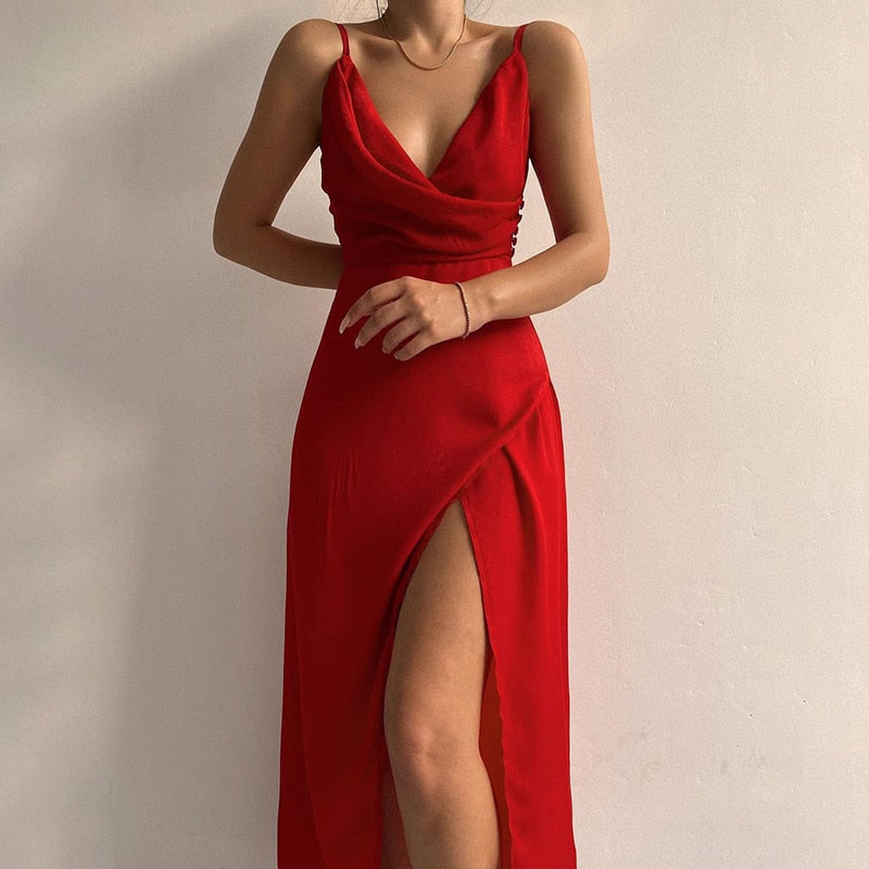 Spaghetti Strap Sexy Backless Wrap Midi Dress Slit Gown Outfits Women Draped Dresses Elegant Club Party Vestidos