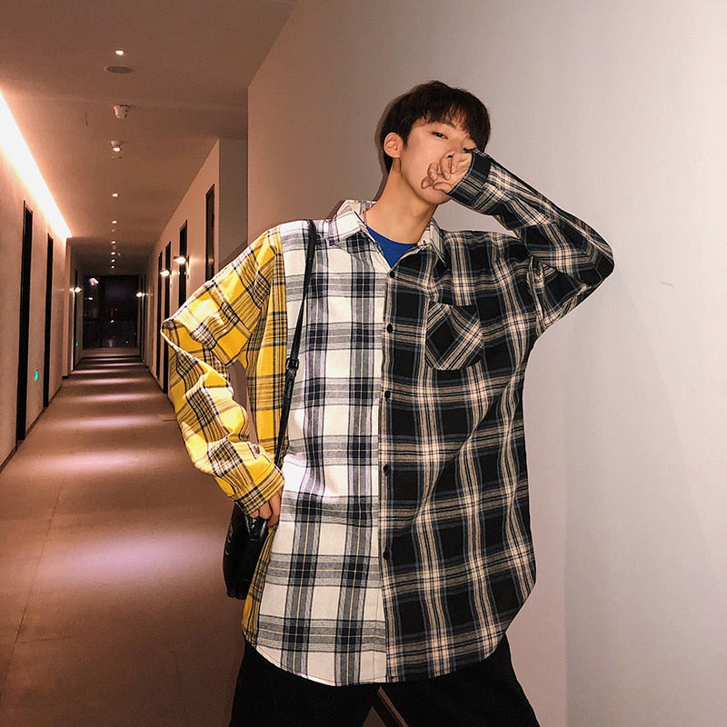 Men Oversized Cotton Plaid Shirt 2023 Man Hip Hop Patchwork Button Up Long Sleeve Shirt Couple Korean Harajuku Clothing