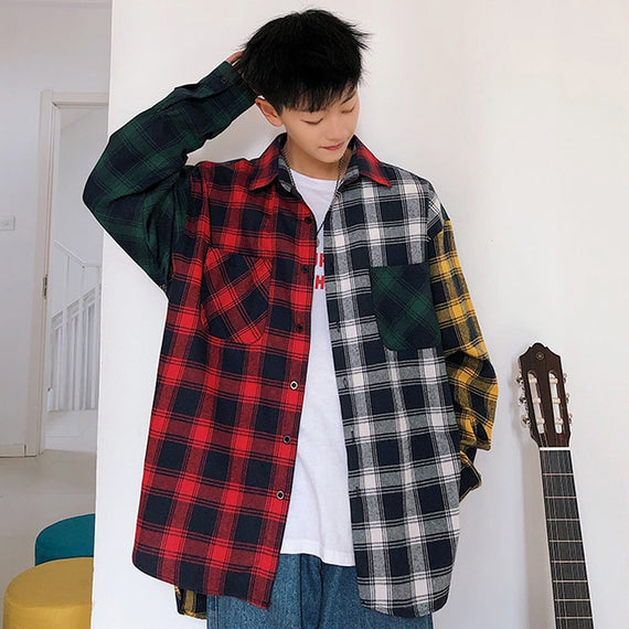 Men Oversized Cotton Plaid Shirt 2023 Man Hip Hop Patchwork Button Up Long Sleeve Shirt Couple Korean Harajuku Clothing