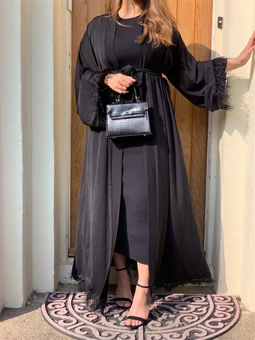 Maxi Dress Eid Djellaba Abaya Dubai Shiny Soft Silky Muslim Abaya Feather Stitching Muslim Dress Islam Abayas With Belt