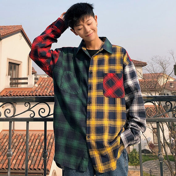 Men Oversized Cotton Plaid Shirt 2023 Man Hip Hop Patchwork Button Up Long Sleeve Shirt Couple Korean Harajuku Clothing