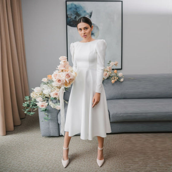 White Elegant Banquet Dress - High Waist, Puff Sleeve