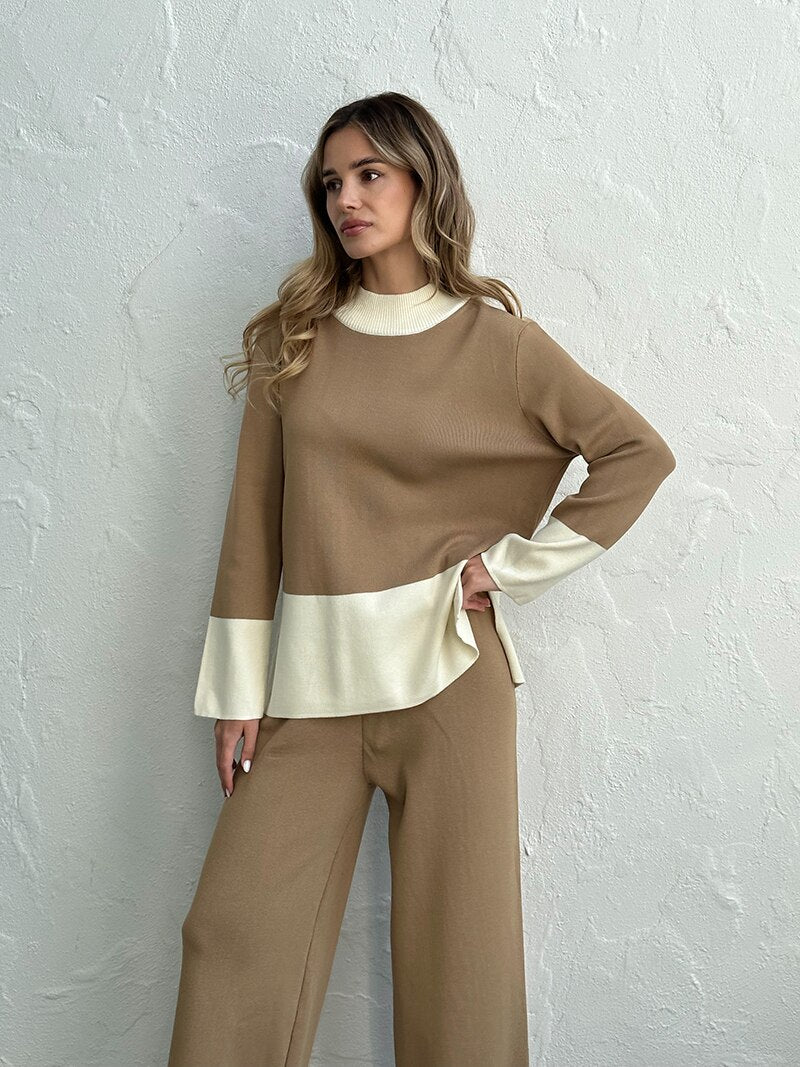 Knit Slit Sweater Matching Sets 2 Piece Knit Pant Suit Casual Knitted Two Piece Women Sets Winter Tracksuit Women Two Piece Set