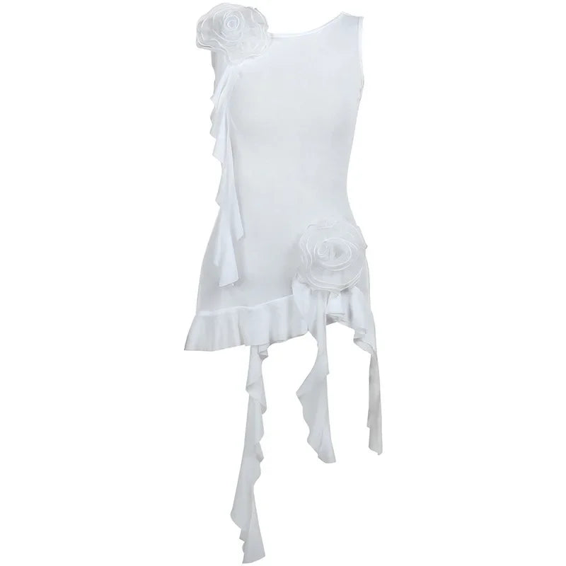 Y2K White Sheer Tank Top with Ruffled Asymmetrical Design and Strappy Open Back for Women - Sexy Sleeveless T-Shirt