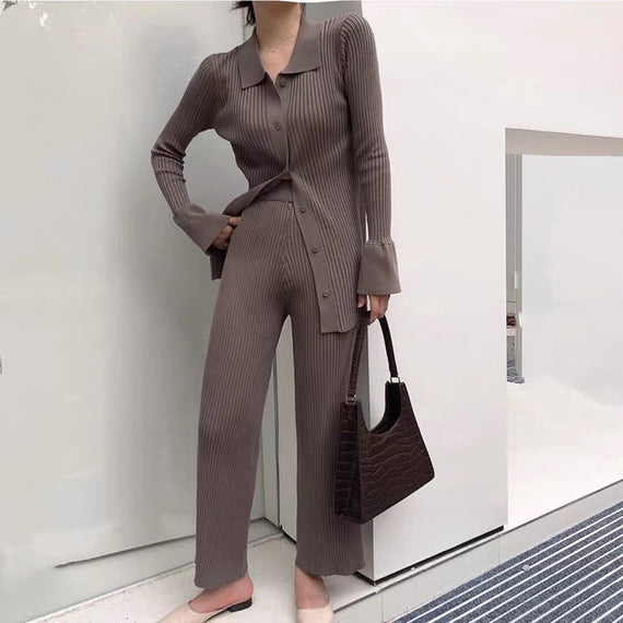 Sexy Knitted 2 Piece Sets Women Outifits Casual Streetwear Tracksuit Cardigans Wide Leg Pants Suit Knit Two Piece Set Women