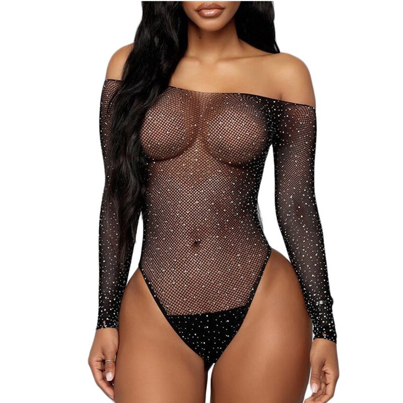 Porno Babydoll Rhinestone Lingerie Women's Fishnet Sexy Underwea Plus Size Exotic Tights Mesh Transparent Teddy Bear Erotic