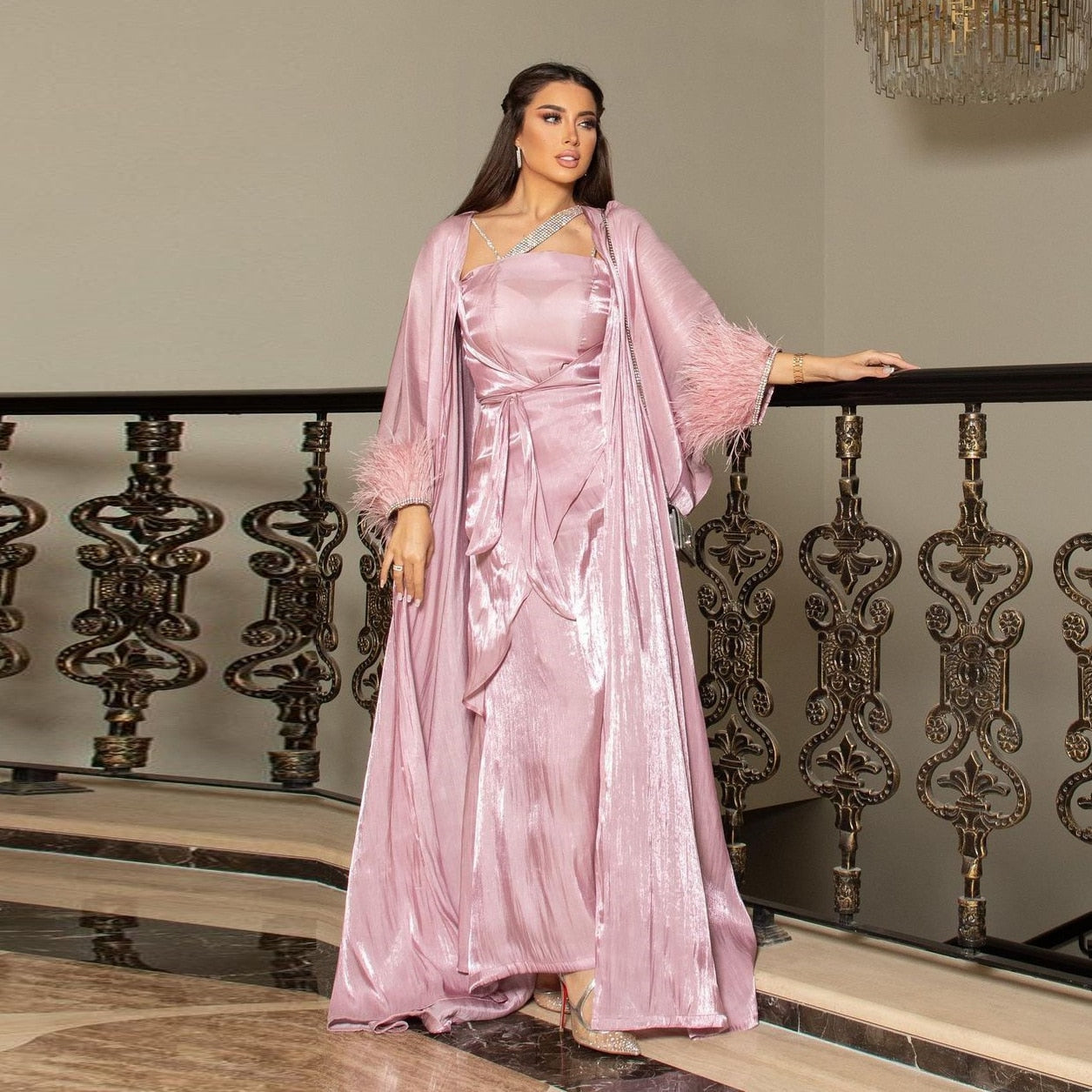 Feather Djellaba Muslim Dress Shiny Muslim Suits Elegant Long Islamic Women Modest Wear Clothing EID Sets