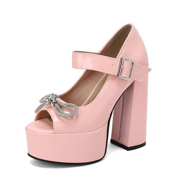 Women Sandals Peep Toe Block Heels Crystal Bowknot Buckle Strap Sexy Party Shoes Big Size