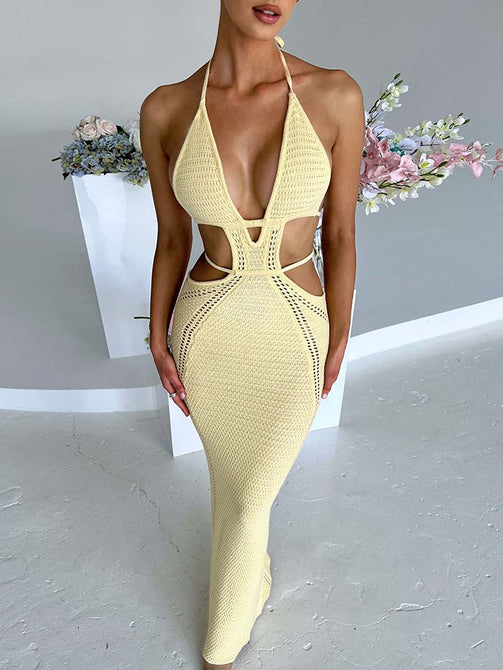 Summer Beachwear Hollow Out Maxi Dress Sexy Backless Halter Outfits for Women Party Bodycon Long Dresses Vestido