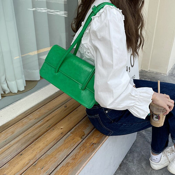 Retro Simple Women's Underarm Bag Vintage Green Ladies Square Shoulder