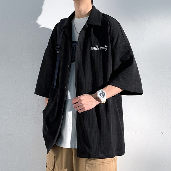 Korean Fashiosn Embroidery Shirts Black Short Sleeve Oversized Blouses Japanese Streetwear Y2k Beige Button Up Shirt