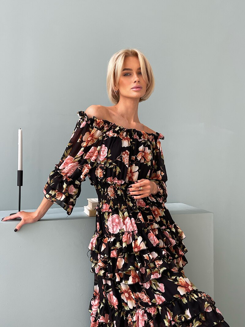 Chiffon Floral Ruffle Pleated Women Long Dresses Elegant Ladies Summer Beach Dress Long Sleeve Flower Maxi Dresses For Women