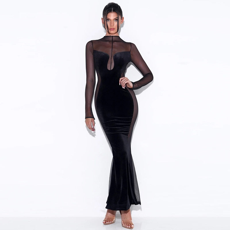 Velvet Mesh Sheer Long Sleeve Sexy Gown Maxi Dress for Women Fashion Outfits Backless Dresses Party Club Clothes