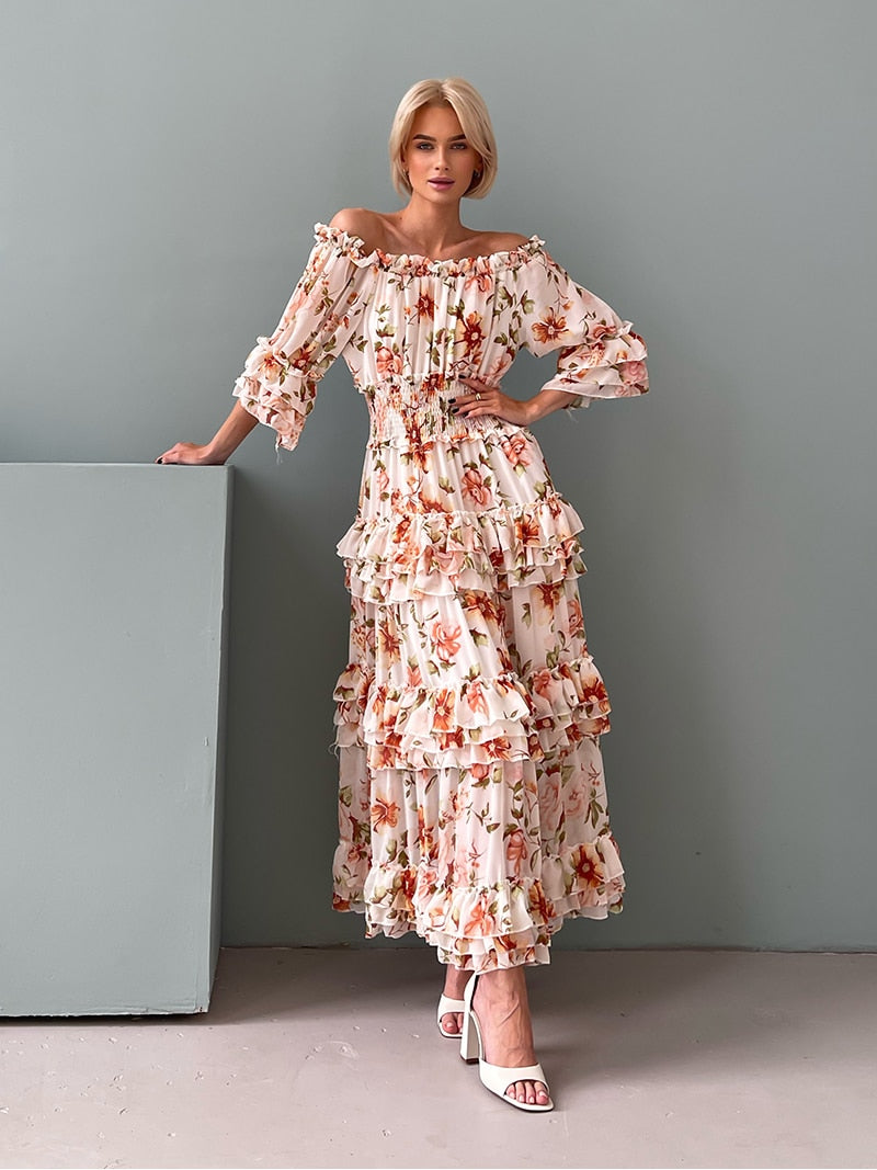 Chiffon Floral Ruffle Pleated Women Long Dresses Elegant Ladies Summer Beach Dress Long Sleeve Flower Maxi Dresses For Women