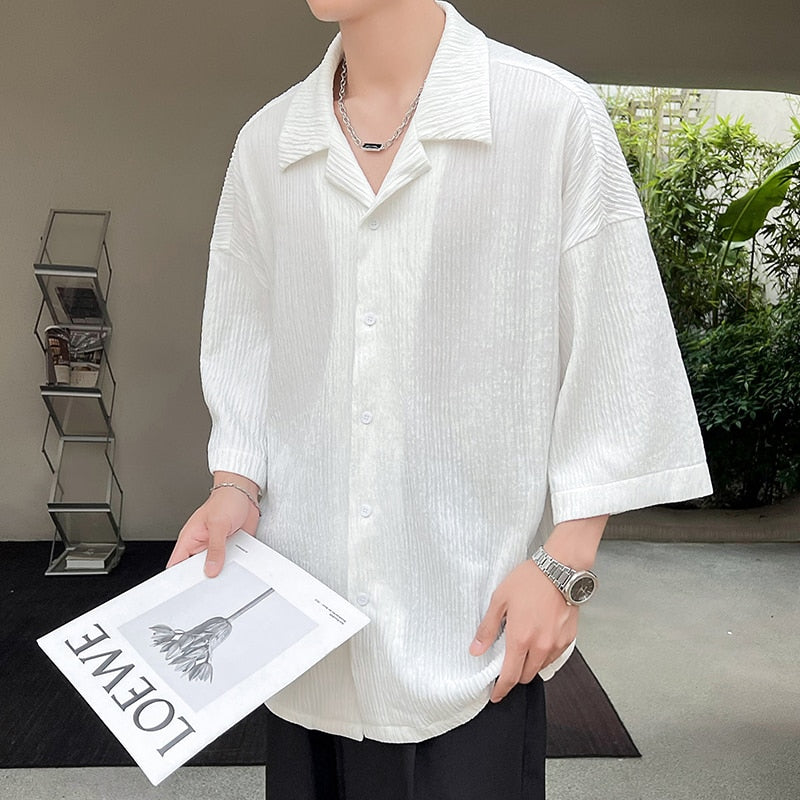 Korean Fashiosn Hawaiian Shirts 2023 Summer White Vintage Black Half Sleeve Blouses Japanese Casual Y2k Button Up Shirt