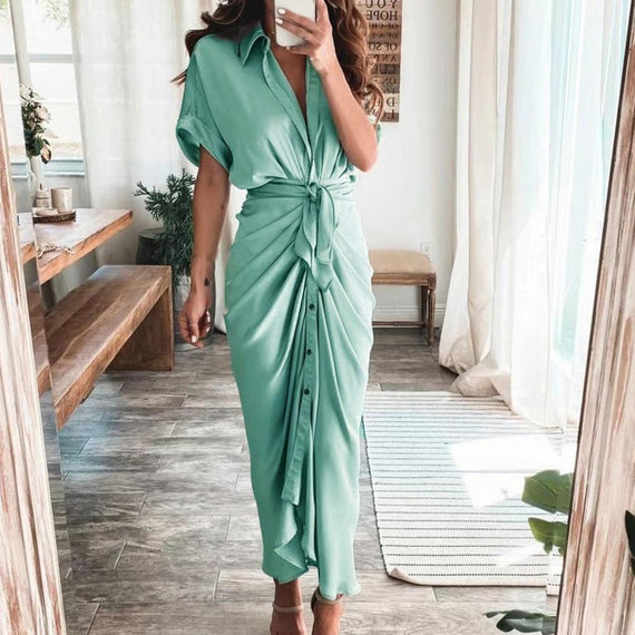 Elegant Women Dresses 2023 Summer Fashion Printed Short Sleeve Shirt Dress Vintage Waist Tie-up Button Bandage Long Dress Robe