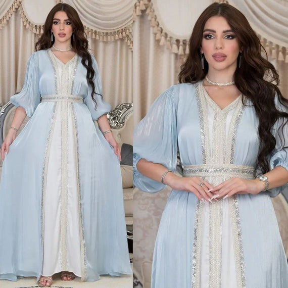 Elegant Muslim Dress Set: 2-Piece Shiny Djellaba and Modest Belted Suit for Women