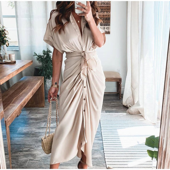 Elegant Women Dresses 2023 Summer Fashion Printed Short Sleeve Shirt Dress Vintage Waist Tie-up Button Bandage Long Dress Robe