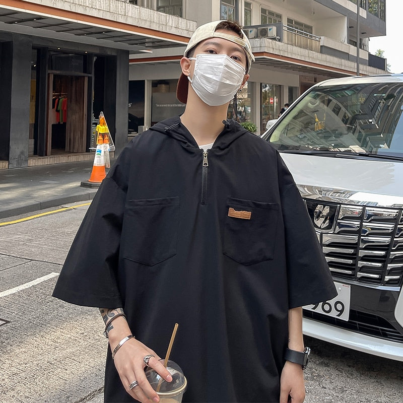 Y2k Streetwear Zipper Graphic T Shirts 2023 Korean Fashions Harajuku T-shirts Black Vintage Hooded Short Sleeve Tees