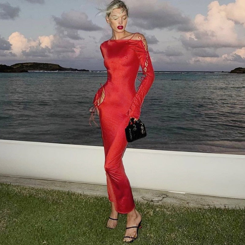Hot Sexy Side Bandage Lace Up Red Long Sleeve Maxi Dress Elegant Outfits for Women Club Party Long Dresses Vestido