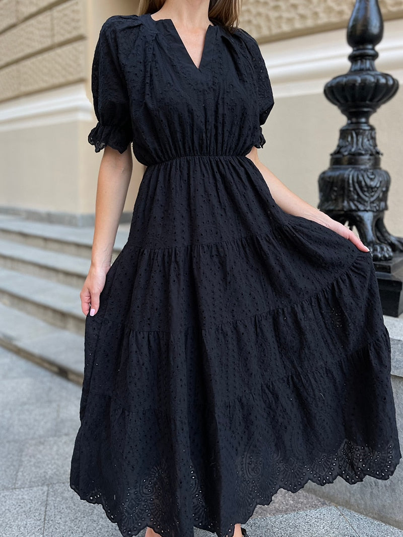 V Neck Elegant Beach Long Dresses Women Short Sleeve Hollow Floral Evening Dresses Ruffle Sexy Maxi Dress For Women Summer 2023