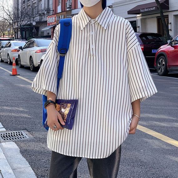 Korean Fashions Striped Shirts Summer Men Ice Vintage Button Up Shirts Japanese Streetwear Casual Short Sleeve Shirts