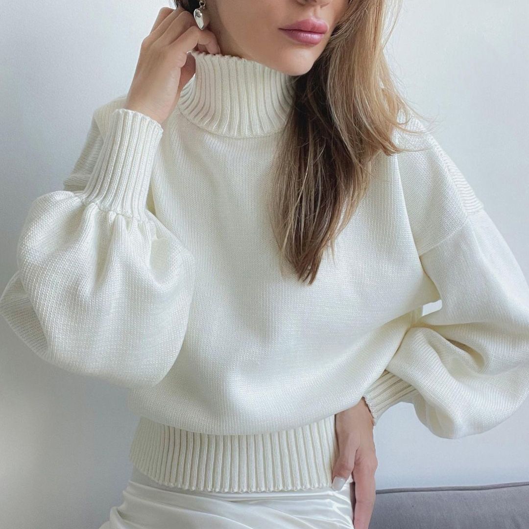 Fall Winter Knitted Puff Sleeve Sweaters for Women Pullovers Turtleneck Sweater Top Casual Fashion Outfits Clothes