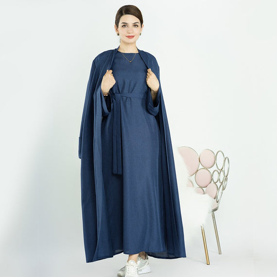 Elegant and Versatile: Two-Piece Djellaba Abaya Set with Belt for Muslim Women in Dubai