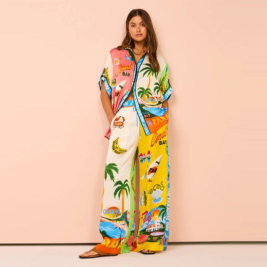 2024 Summer Women's Casual Print Pant Set - Loose Top & High Waist Wide Leg Trousers Suit