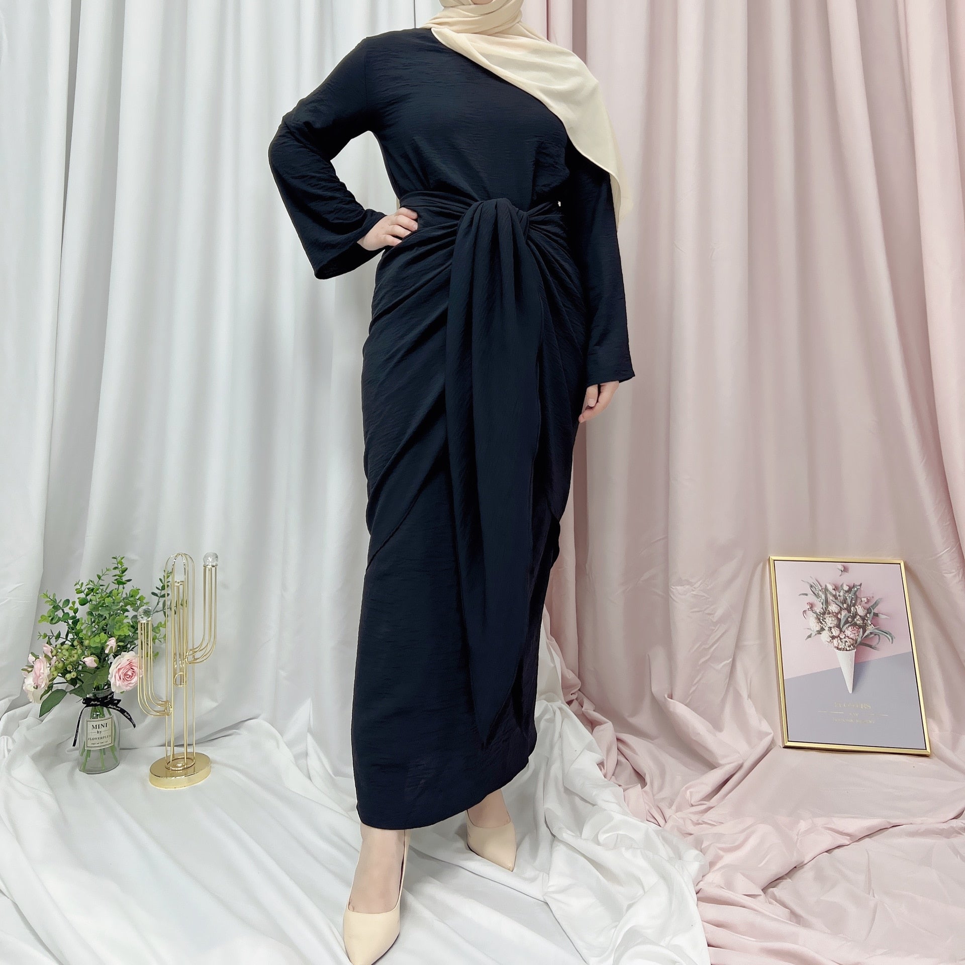 Ramadan Eid Djellaba Muslim Dress Dubai Soft Stain Abaya Dubai Muslim Dress Islam Abayas Robe With Corset Design