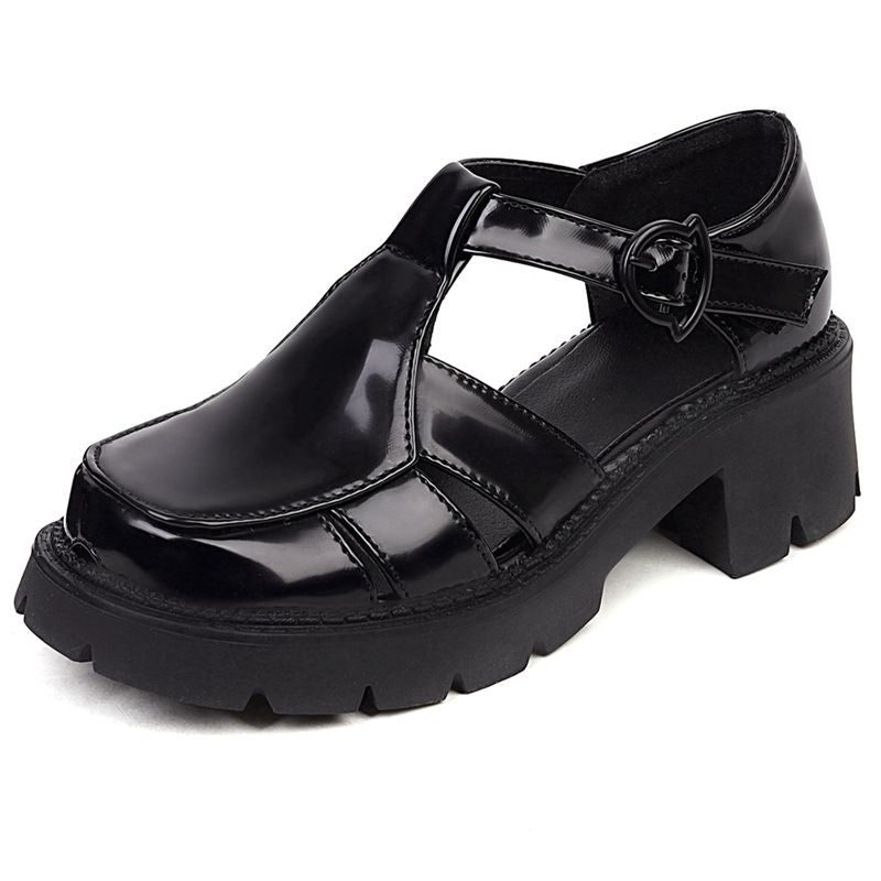 New Ladies Sandals Round Toe Thick Cover Heels Platform Buckle T-Strap Hollow Plus