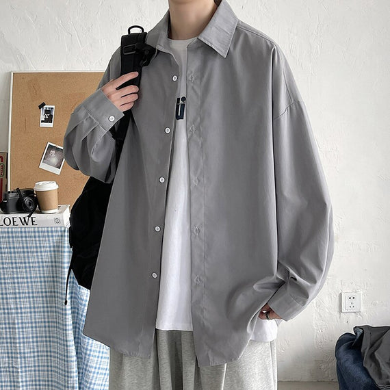 Korean Fashion Black Solid Long Sleeve Shirts 2023 Harajuku Black Oversized Shirt Male Casual Button Up Shirts Blouses