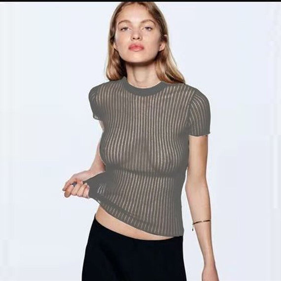 Elegant Fashion Striped Knitted See Through Women's Tops Outfits Summer Short Sleeve Round Neck Tops Streetwear
