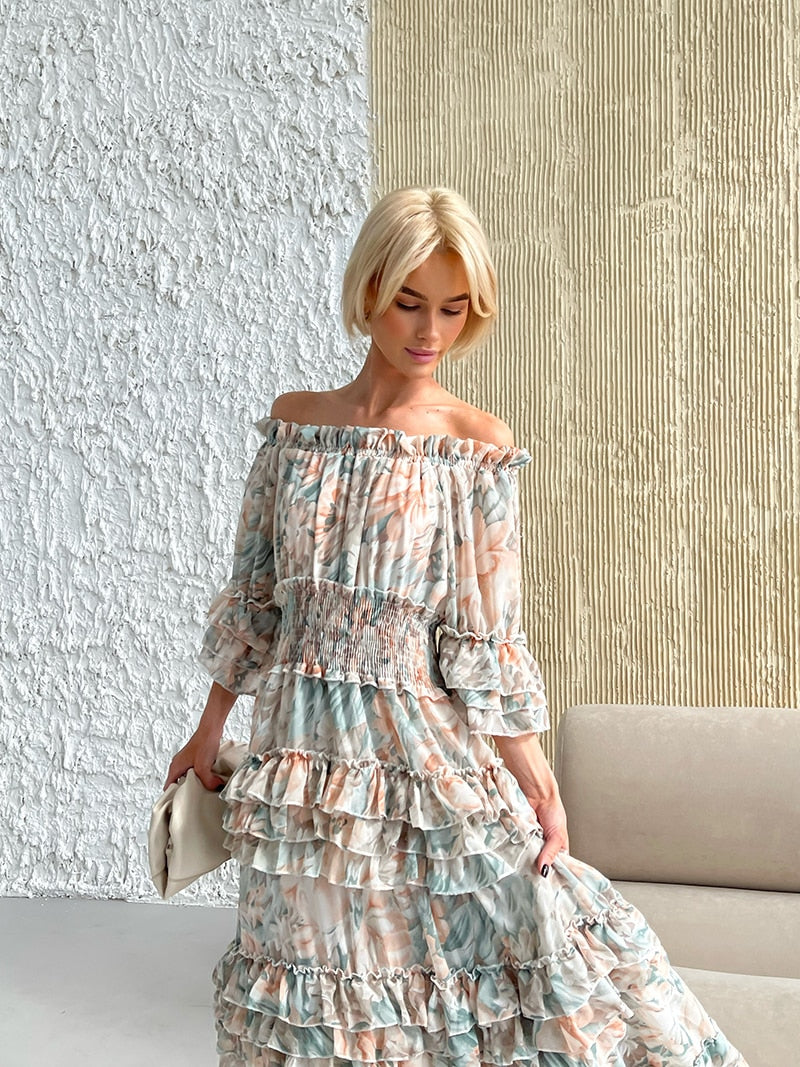 Chiffon Floral Ruffle Pleated Women Long Dresses Elegant Ladies Summer Beach Dress Long Sleeve Flower Maxi Dresses For Women