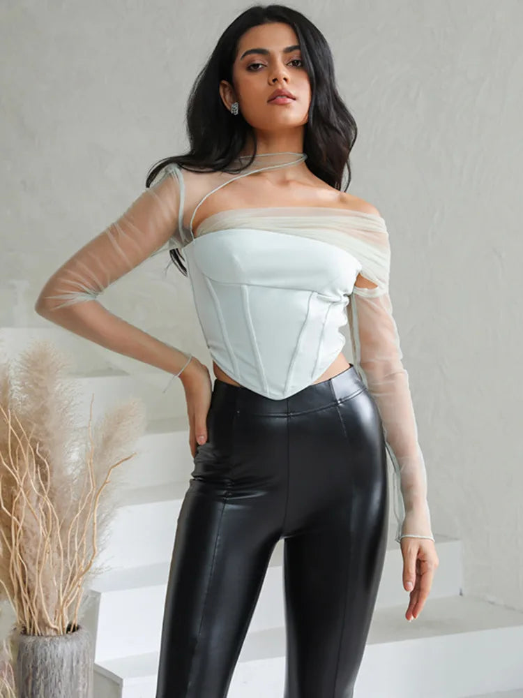 Zipper Strapless Backless Corset Top - Sheer Mesh Sleeves for Sexy Club Style