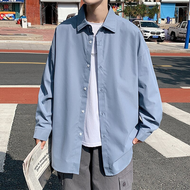 Men White Solid Vintage Shirts 2023 Mens Harajuku Fashion Oversize Shirt Male Black Casual Streetwear Blouses Plus Size