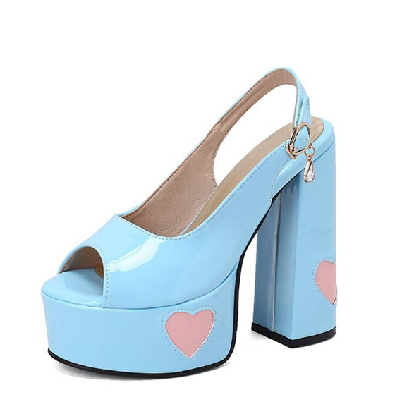 Women Sandals Peep Toe Ultrahigh Heel 14.5cm Platform 4.5cm Back Buckle Strap Heart Sexy Party Shoes Big